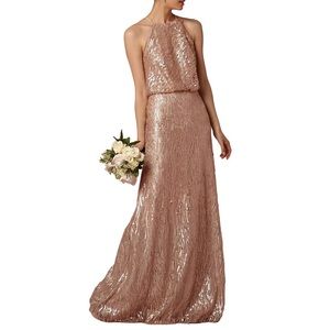 Rose Gold Halter Strap Maxi Chiffon Sequin Dress
